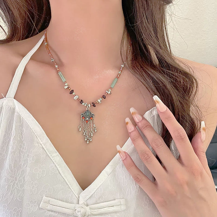 Buddha Stones Tibetan Crystal Stone Copper Luck Tassel Necklace Pendant - image 7