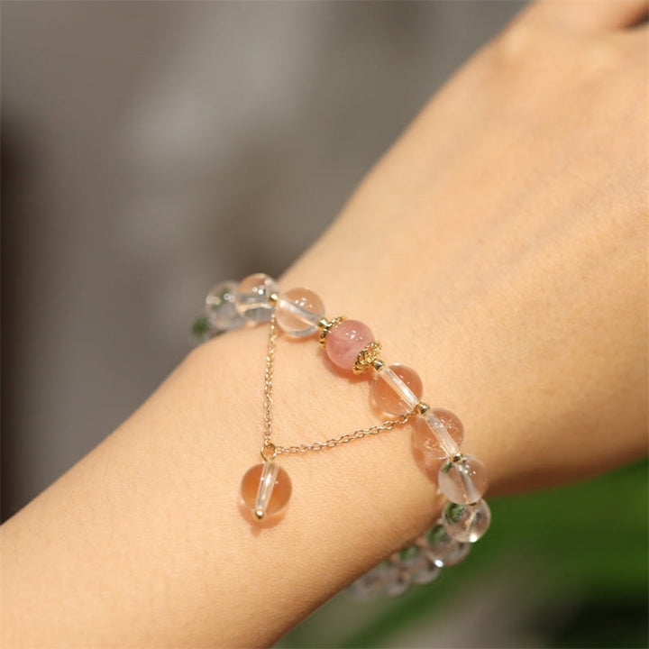 Buddha Stones Natural Silver Sheen Obsidian Pink Crystal White Crystal Protection Yin Yang Color Couple Bracelet - image 5
