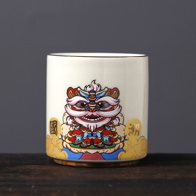 Buddha Stones Vintage Plum Blossom Pine Bamboo Phoenix Kirin Lion Dancing Ceramic Teacup Tea Cups - Lion Dancing(6.1cm*6.5cm*130ml) - image 8