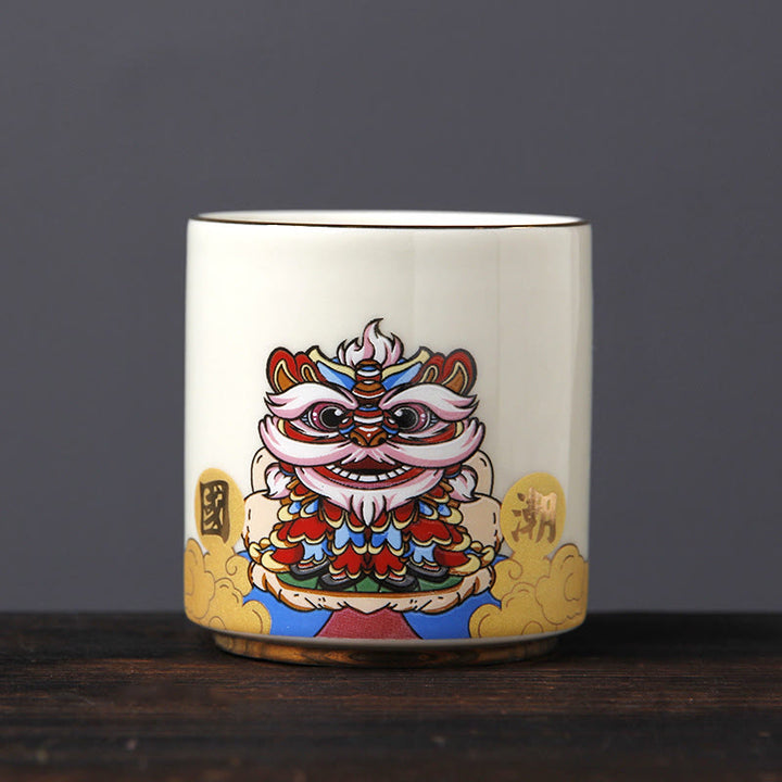 Buddha Stones Vintage Plum Blossom Pine Bamboo Phoenix Kirin Lion Dancing Ceramic Teacup Tea Cups - Lion Dancing(6.1cm*6.5cm*130ml) - image 8
