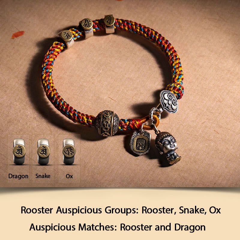 Buddha Stones Handmade Tibetan 925 Sterling Silver Chinese Zodiac Natal Buddha Zakiram Goddess of Wealth Protection Multicolored Rope Braided Bracelet - Rooster-Acalanatha - 17-19cm - image 15