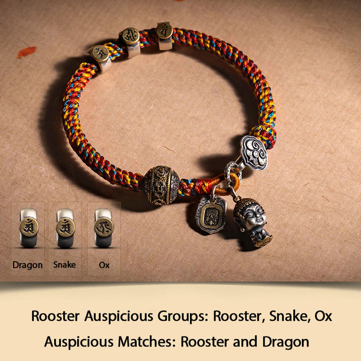 Buddha Stones Handmade Tibetan 925 Sterling Silver Chinese Zodiac Natal Buddha Zakiram Goddess of Wealth Protection Multicolored Rope Braided Bracelet - Rooster-Acalanatha - 17-19cm - image 15