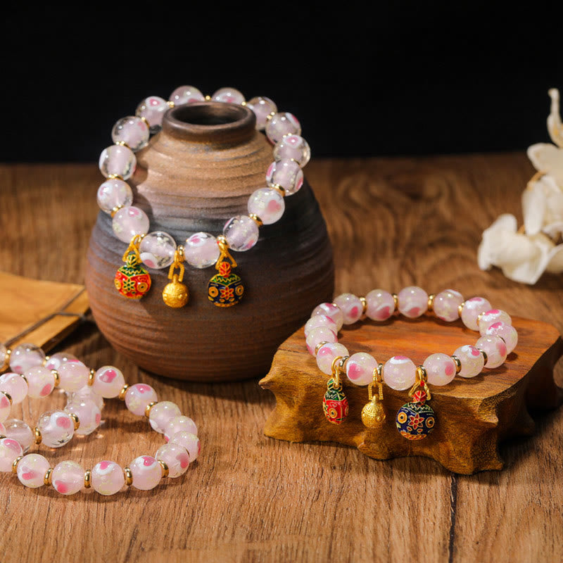 Buddha Stones Gold Swallowing Beast Family Charm Luminous Pink Love Heart Fluorescent Liuli Glass Bead Blessings Bracelet - image 4