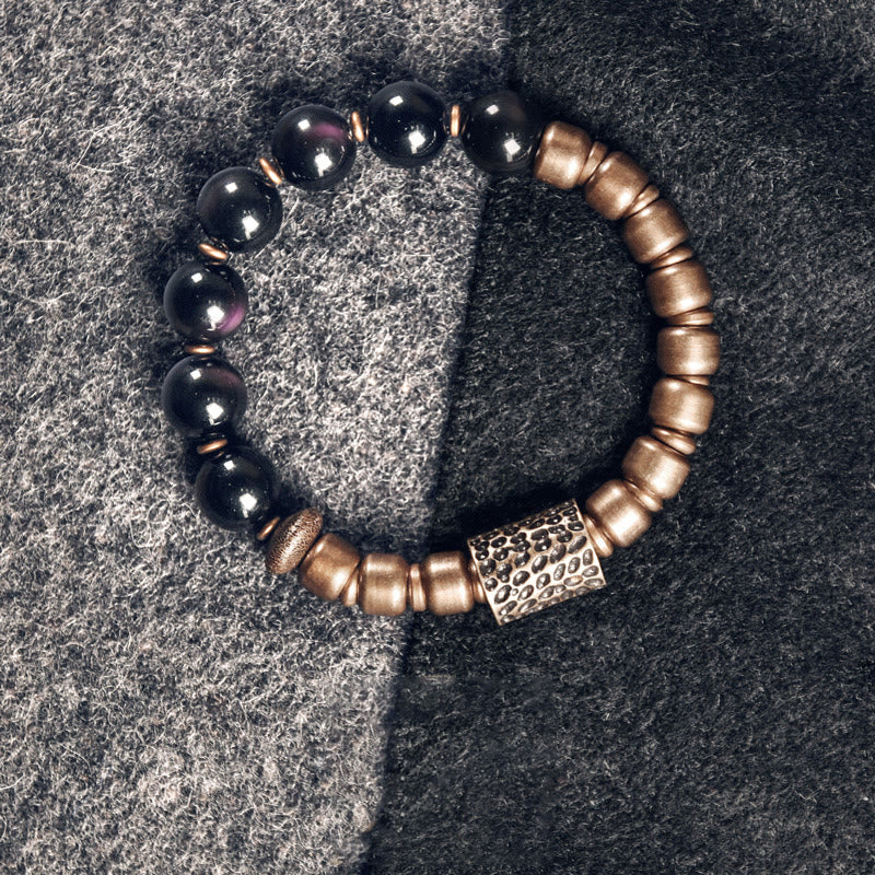 Buddha Stones Lava Rock Stone Rainbow Obsidian Brass Support Healing Bracelet - Rainbow Obsidian&Brass - 17-17.5cm - image 10