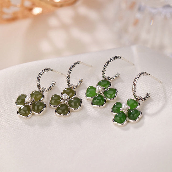 Buddha Stones 925 Sterling Silver Natural Cyan Jade Four Leaf Clover Luck Success Earrings - image 12