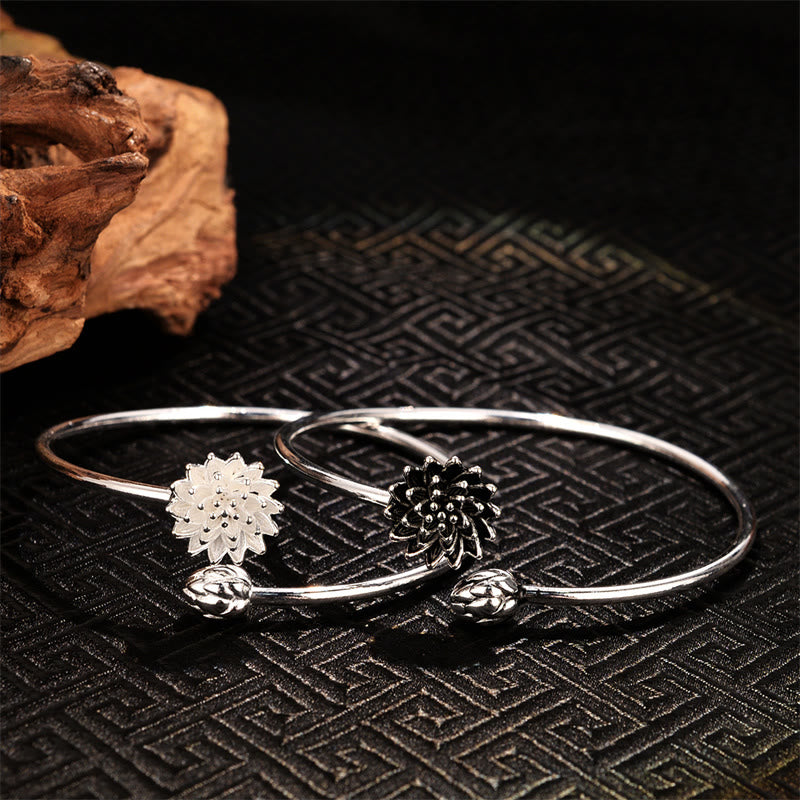 Buddha Stones Retro Lotus White Copper Enlightenment Bracelet Bangle - image 4
