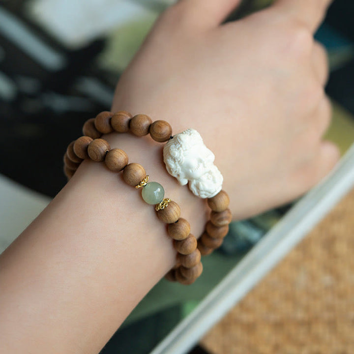 Buddha Stones Sandalwood Hetian Jade Ivory Fruit Green Tara Protection Bracelet - image 5