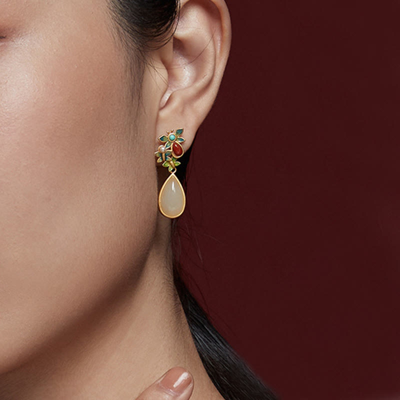 Buddha Stones Water Drop White Jade Red Agate Butterfly Protection Drop Dangle Earrings - image 9