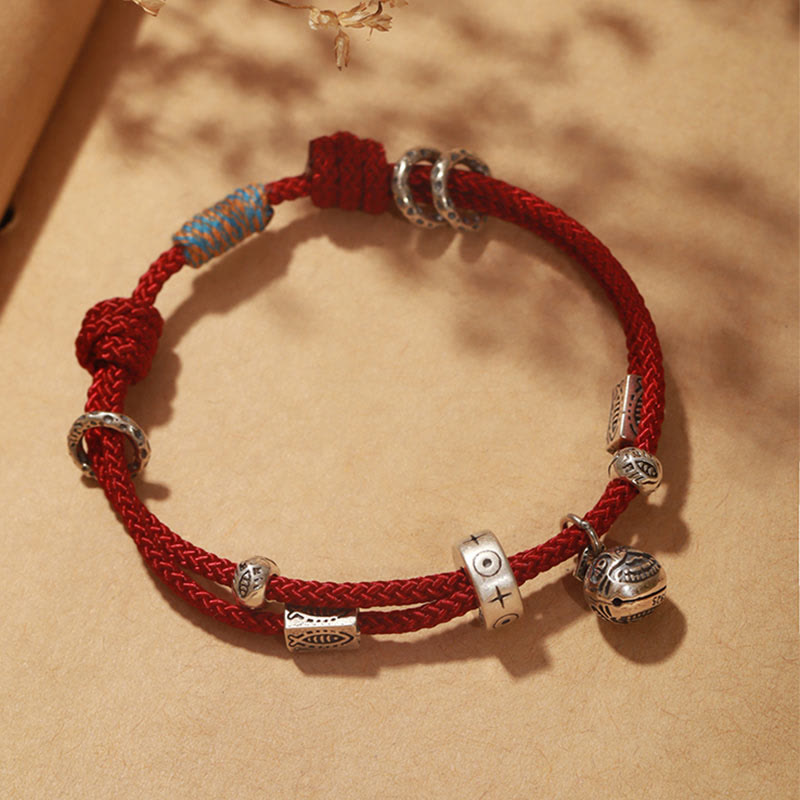 Buddha Stones 925 Sterling Silver Gold Swallowing Beast Koi Fish Wealth Handcrafted Braided Bracelet - Red(Wrist Circumference 14-16cm) - image 0