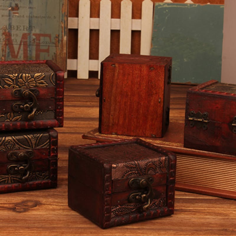 Buddha Stones Retro Small Square Wood Jewelry Box Lotus Grass Flower Grape Copper Coin Daffodil Jewelry Storage Box - image 27