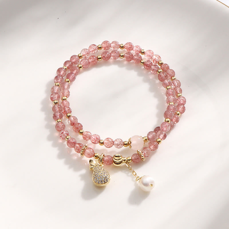 Buddha Stones Strawberry Quartz Money Bag Positive Charm Double Wrap Bracelet - Strawberry Quartz(Love♥Healing) - image 0