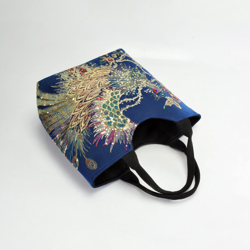 Buddha Stones Peacock Double-sided Embroidery Tote Bag Shoulder Bag Crossbody Bag - image 5