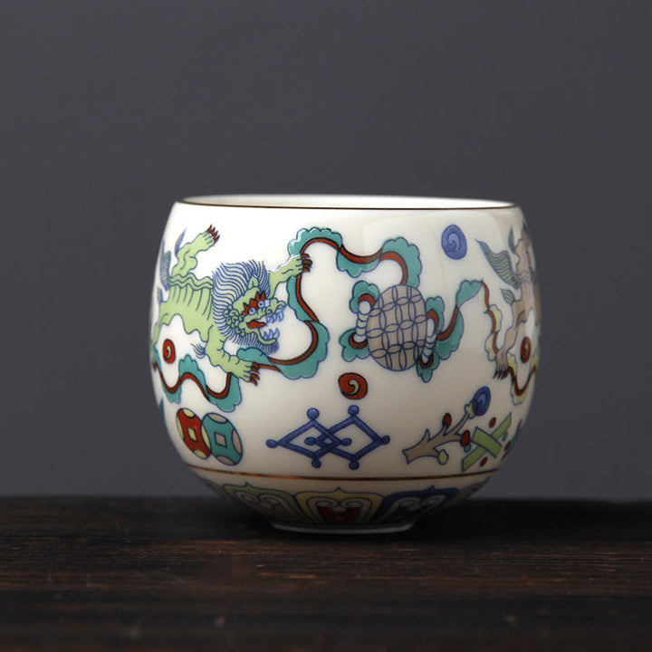 Buddha Stones Vintage Plum Blossom Pine Bamboo Phoenix Kirin Lion Dancing Ceramic Teacup Tea Cups - Kirin(5.8cm*5.5cm*95ml) - image 12