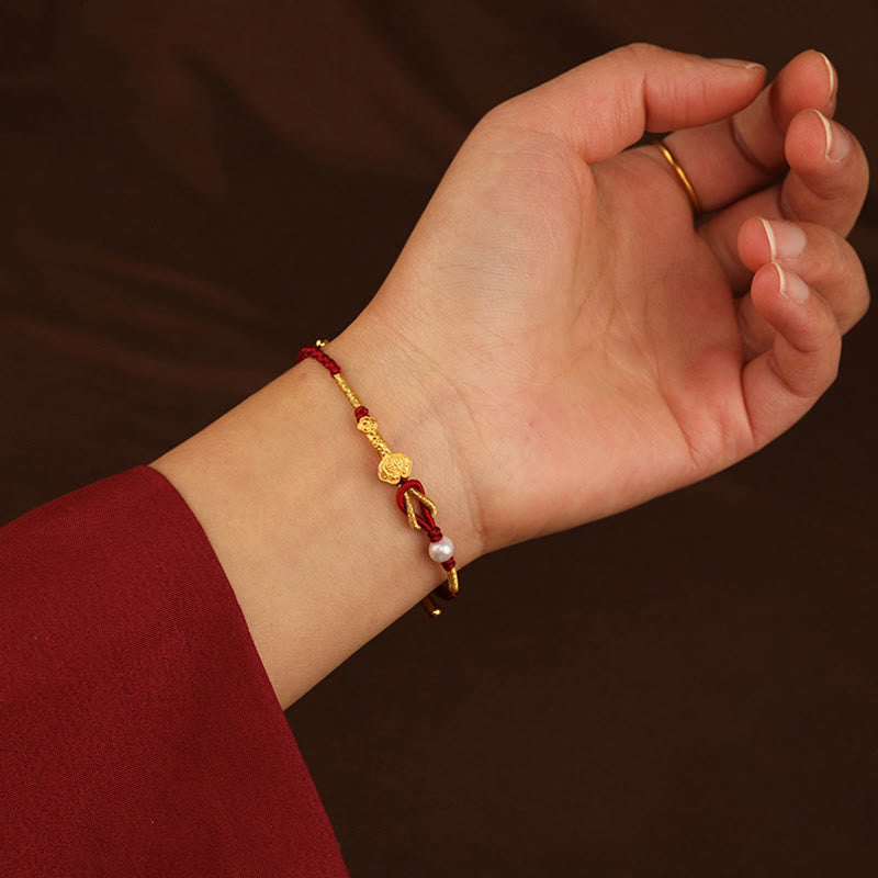 Buddha Stones 24K Gold Wish Ruyi Handle Fu Character Rabbit Pearl Luck Braided Bracelet - image 5