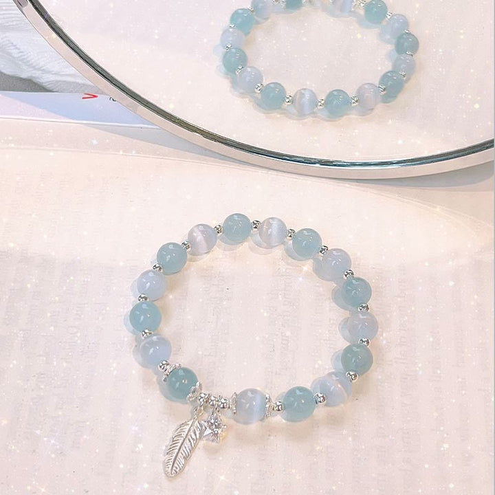 Buddha Stones 925 Sterling Silver Aquamarine Cat's Eye Healing Feather Star Charm Bracelet - image 6