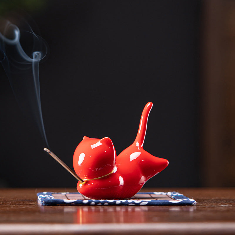Lovely Cat Panda Ceramic Blessing Incense Burner Decoration - Red Cat Incense Holder - image 9