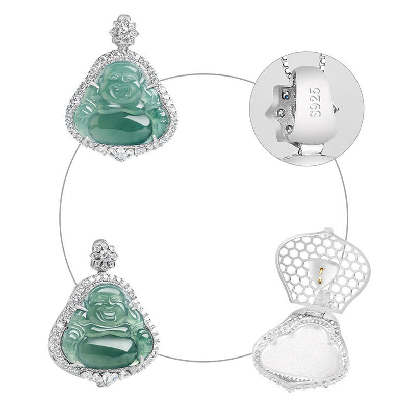 Buddha Stones Laughing Buddha Natural Jade Luck Abundance Titanium Steel Chain Necklace Pendant - image 5