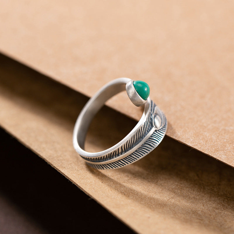 Buddha Stones 925 Sterling Silver Malachite Bead Feather Protection Ring - image 4