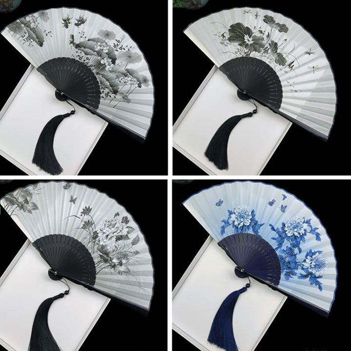Buddha Stones Vintage Bamboo Peony Butterfly Lotus Handheld Silk Folding Fan With Bamboo Frames - image 15