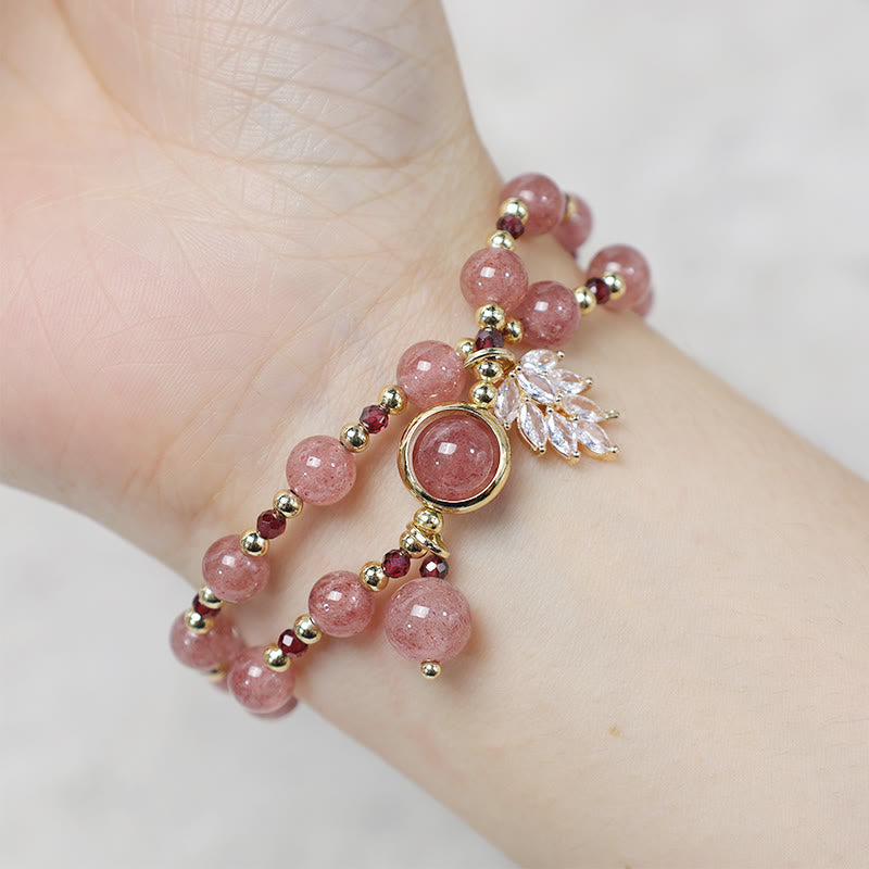 Buddha Stones Natural Strawberry Quartz Love Healing Maple Leaf Charm Double Wrap Bracelet - image 6
