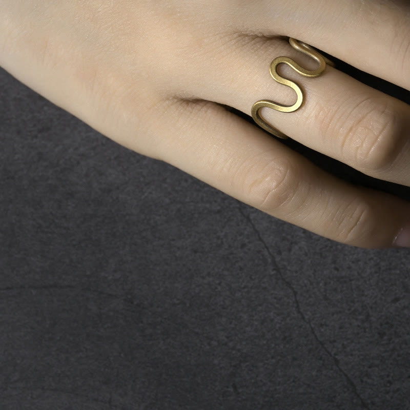 Buddha Stones Simple Curved Brass Design Copper Luck Wealth Adjustable Ring - image 5