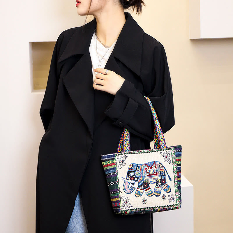 Buddha Stones Elephant Butterfly Embroidered Large Capacity Canvas Tote Bag Shoulder Bag - image 2