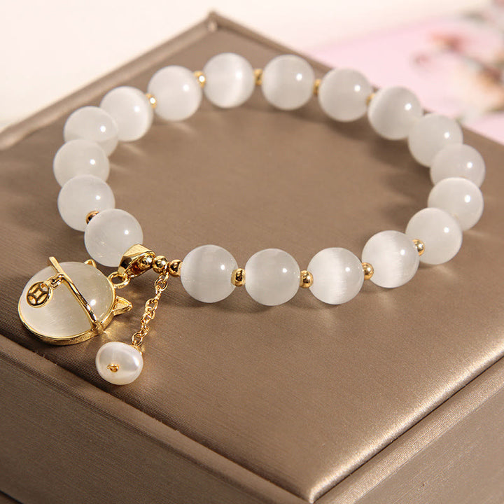 Buddha Stones Cat's Eye Lovely Cat Pattern Pearl Love Charm Bracelet - image 3