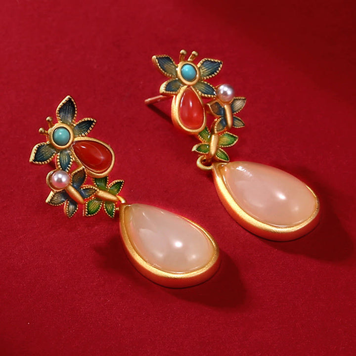 Buddha Stones Water Drop White Jade Red Agate Butterfly Protection Drop Dangle Earrings - image 5