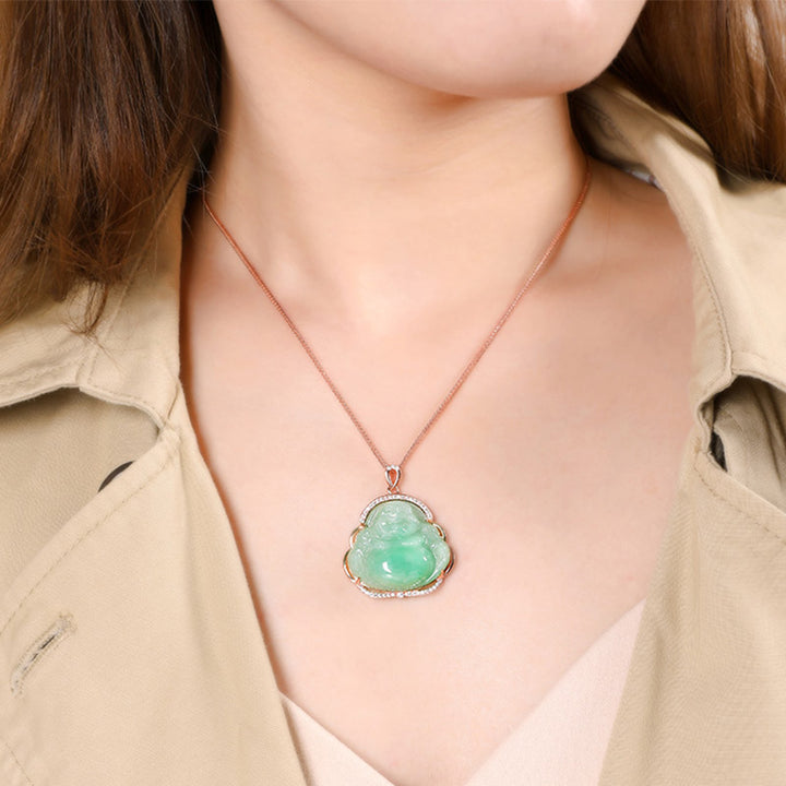 925 Sterling Silver Laughing Buddha Natural Jade Prosperity Necklace Chain Pendant - image 2