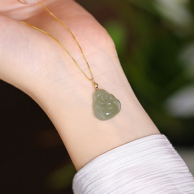 Buddha Stones 925 Sterling Silver Natural Hetian Jade Cyan Jade Luck Laughing Buddha Butterfly Necklace Pendant - Hetian Jade Laughing Buddha - image 1