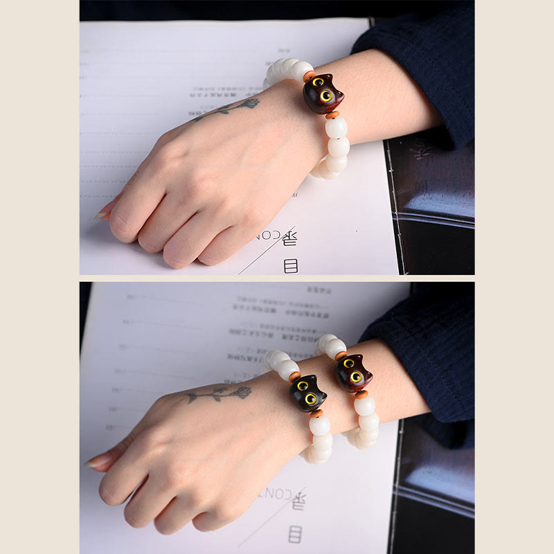 Buddha Stones Natural Bodhi Seed Small Leaf Red Sandalwood Ebony Wood Cute Lucky Cat Wisdom Bracelet - image 16