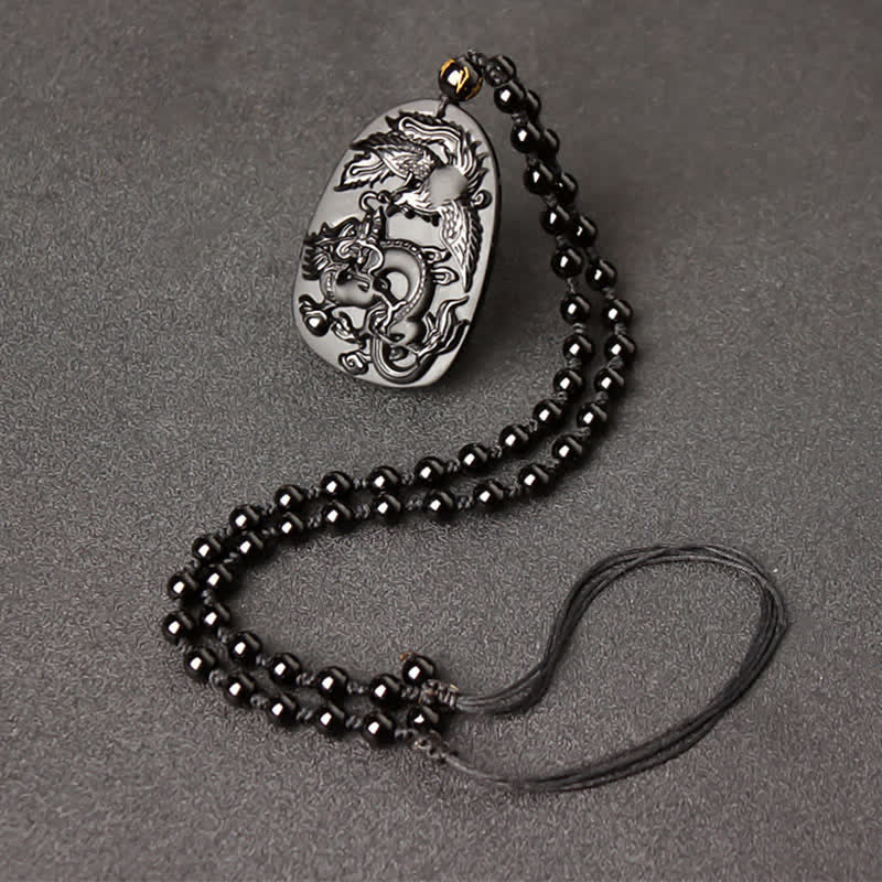 Buddha Stones Black Obsidian Tiger Eye Dragon Phoenix Protection Beaded Necklace Pendant - Obsidian Retractable Bead String - image 8