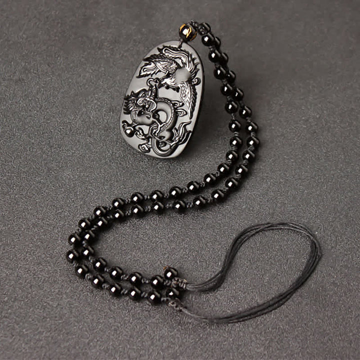 Buddha Stones Black Obsidian Tiger Eye Dragon Phoenix Protection Beaded Necklace Pendant - Obsidian Retractable Bead String - image 8