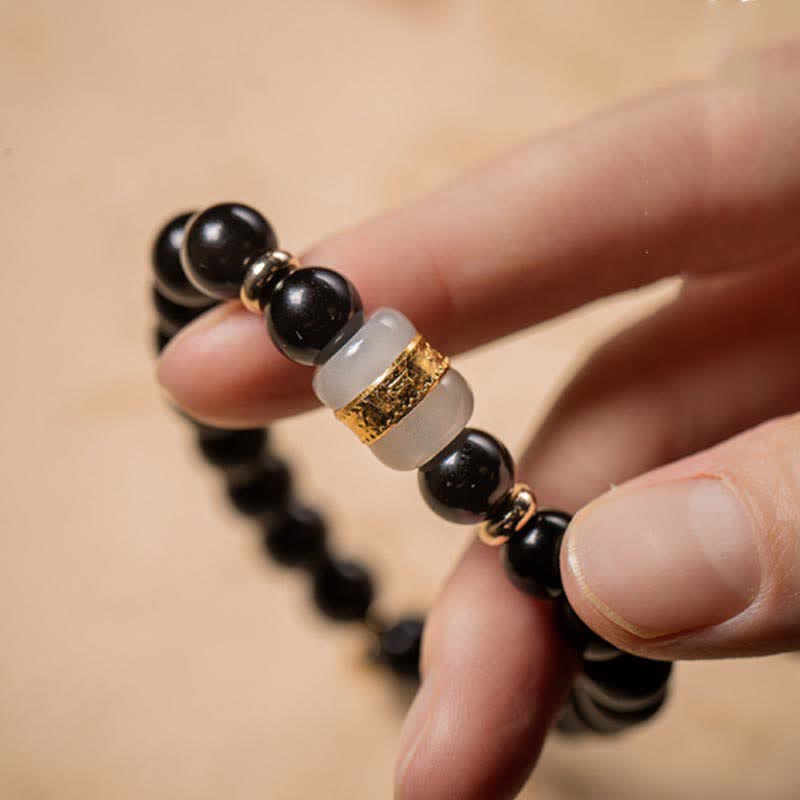 Buddha Stones Black Obsidian Jade Om Mani Padme Hum Strength Couple Magnetic Bracelet - image 2