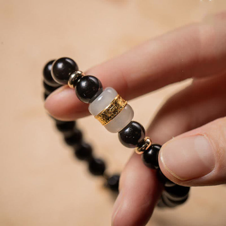 Buddha Stones Black Obsidian Jade Om Mani Padme Hum Strength Couple Magnetic Bracelet - image 2