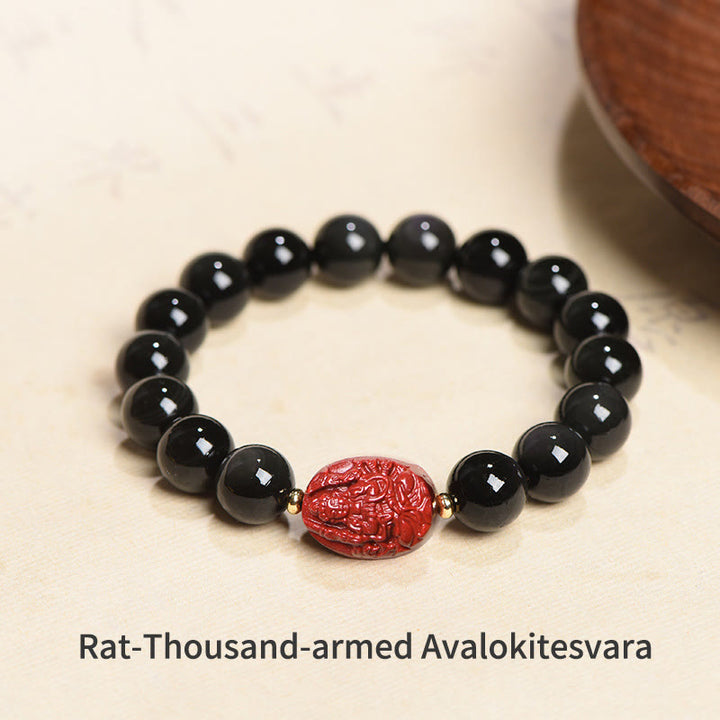 Buddha Stones Chinese Zodiac Natal Buddha Natural Black Obsidian Cinnabar Purification Bracelet - 10mm - Rat-Thousand-armed Avalokitesvara(Wrist Circumference 14-17cm) - image 17