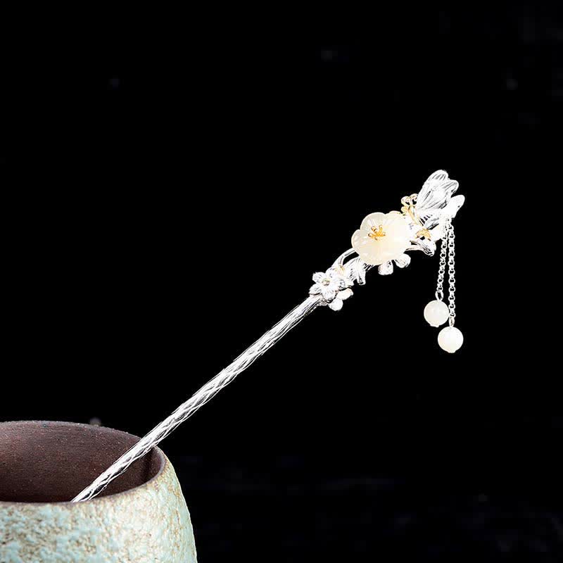 925 Sterling Silver Hetian White Jade Flower Blessing Hairpin - Hetian White Jade&925 Sterling Silver - image 0