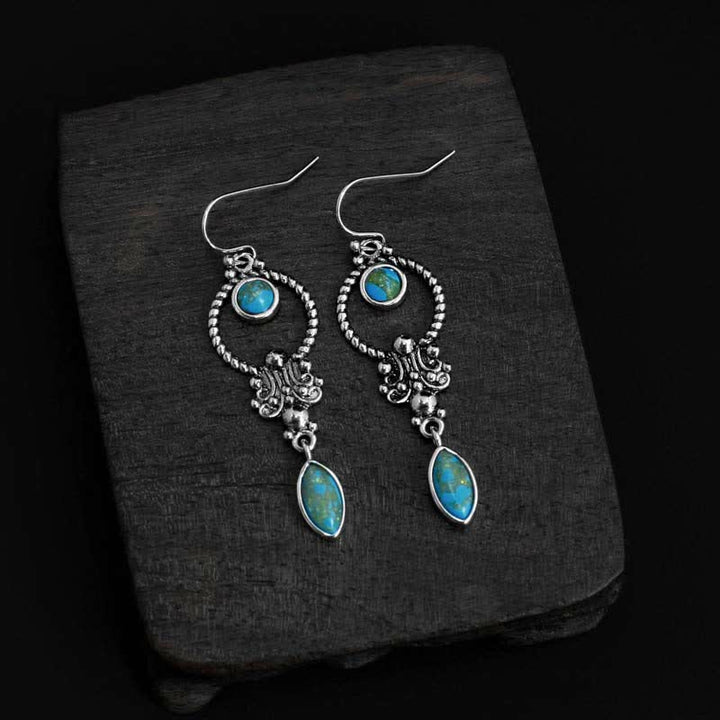 Buddha Stones 925 Sterling Silver Vintage Turquoise Waterdrop Pattern Balance Drop Dangle Earrings - Copper Plated Silver Turquoise Earrings - image 4