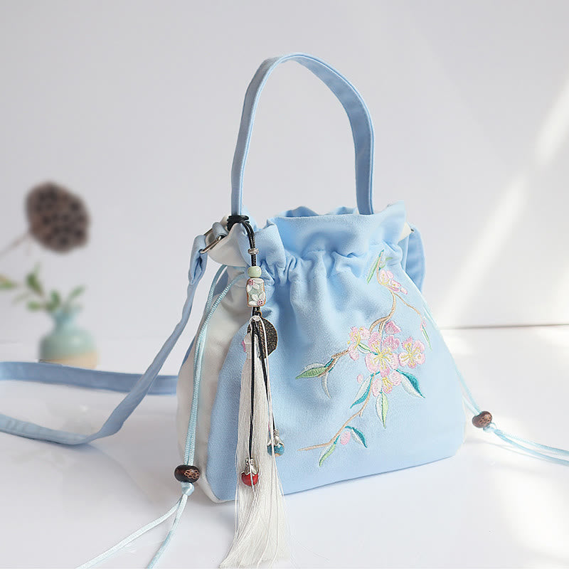 Buddha Stones Handmade Embroidered Flowers Canvas Tote Shoulder Bag Handbag - Blue White Peach Blossom - image 31