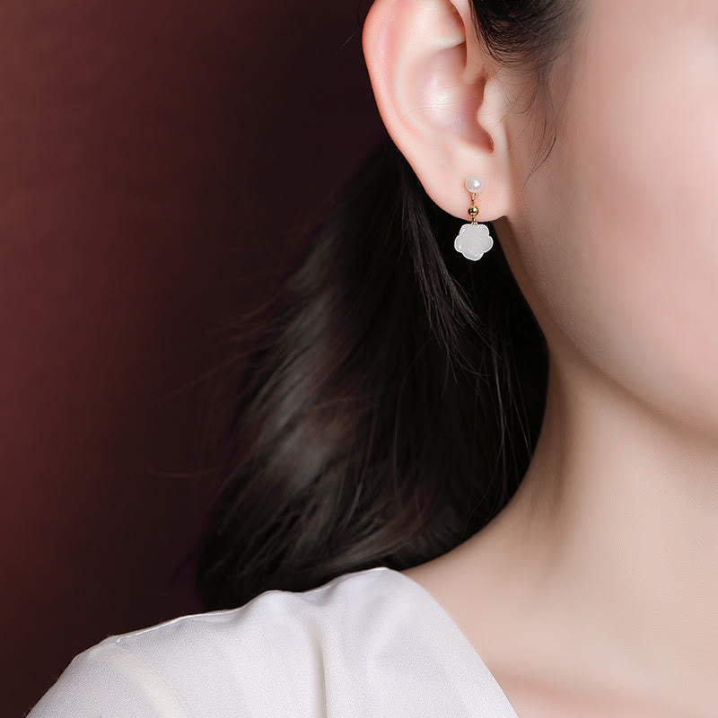 Buddha Stones 925 Sterling Silver Plated Gold Jade Rose Flower Cyan Jade Pearl Luck Earrings - image 6