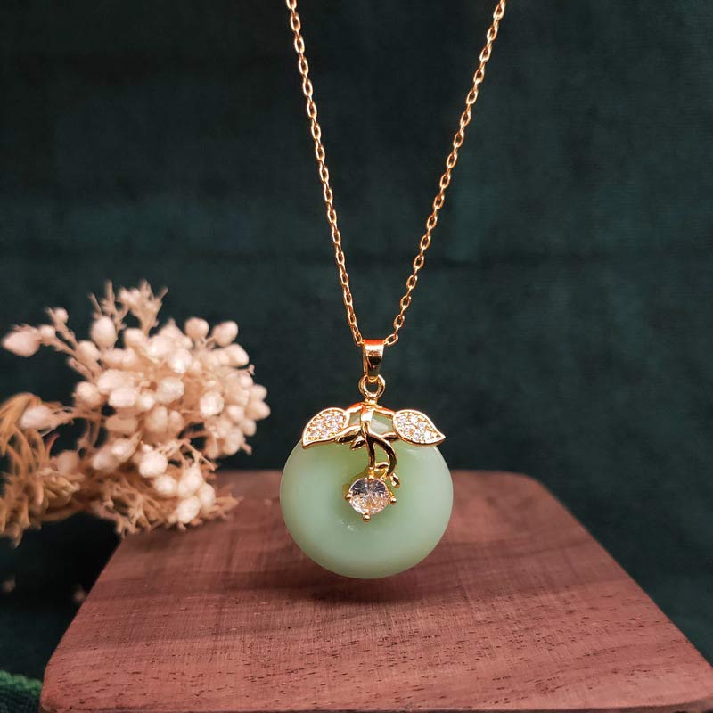 Buddha Stones Round Jade Leaf Blessing Fortune Necklace Chain Pendant - Jade - image 0