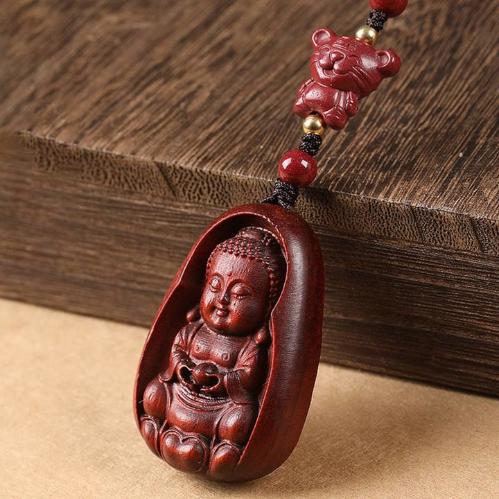 Buddha Stones Small Leaf Red Sandalwood Buddha Cinnabar Chinese Zodiac Amulet Protection Key Chain - image 10