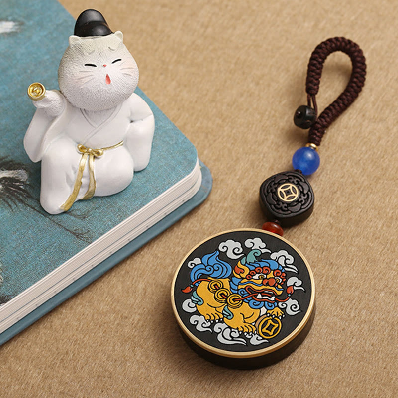 Buddha Stones PiXiu Copper Coin Ebony Wood Luck Attract Wealth Key Chain Decoration - image 6