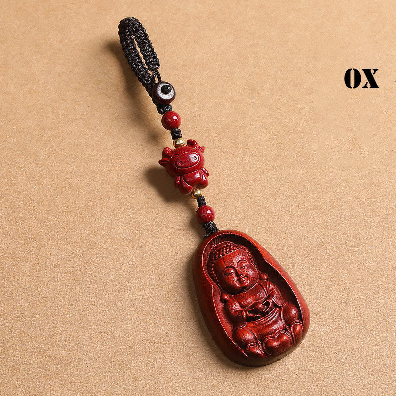 Buddha Stones Small Leaf Red Sandalwood Buddha Cinnabar Chinese Zodiac Amulet Protection Key Chain - Ox - image 3