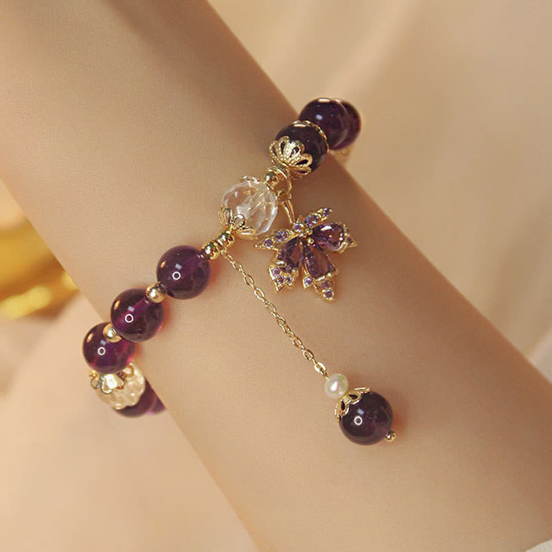 Buddha Stones 14k Gold Plated Natural Amethyst Healing Maple Leaf Charm Bracelet - Amethyst(Inner Peace♥Healing) - image 0