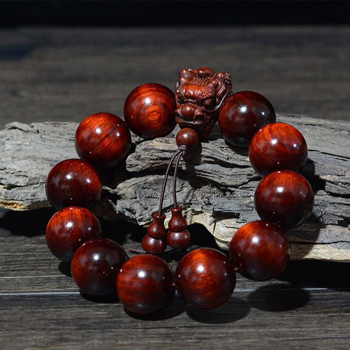 Buddha Stones Rosewood Green Sandalwood Small Leaf Red Sandalwood Dragon Carved Protection Bracelet - image 13