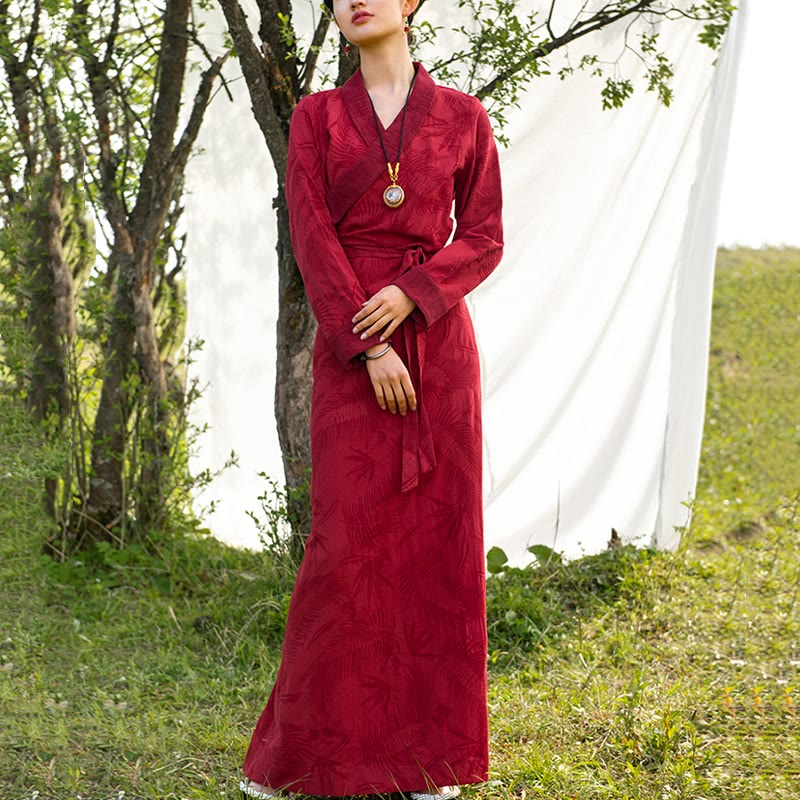 Buddha Stones Tibetan Dress Clothing Lhasa Long Wrap Dress Maxi Dress Women Clothing - Red (bamboo leaves pattern) - US8-10，UK/AU12-14，EU40-42 (XL) - image 10