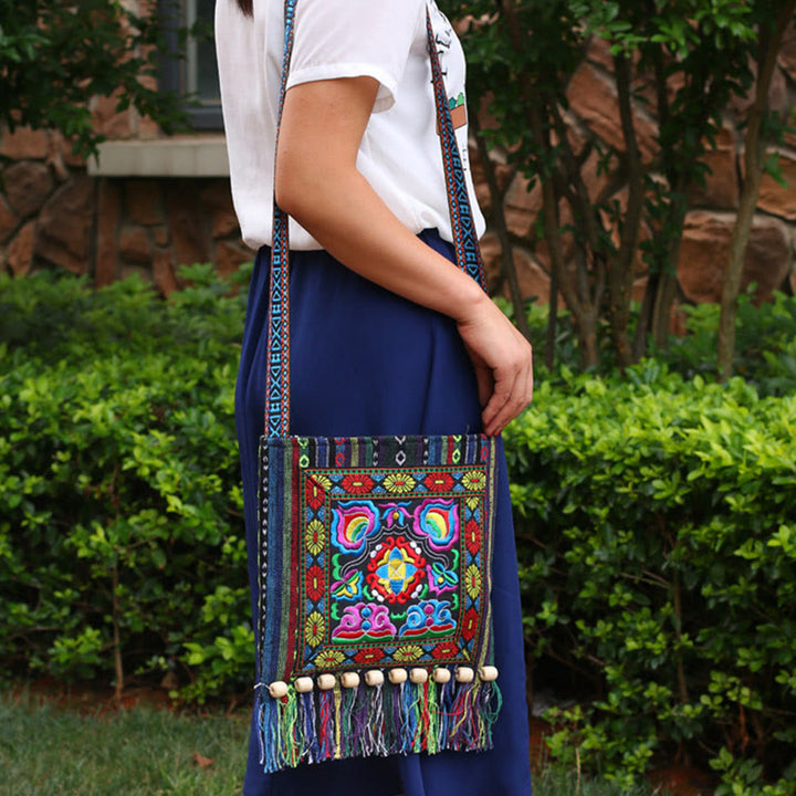 Buddha Stones Tibetan Handmade Embroidered Camellia Canvas Shoulder Bag Crossbody Bag - image 9