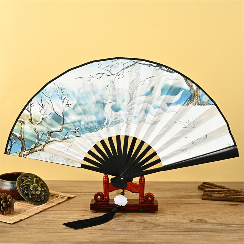 Buddha Stones Vintage Phoenix Nine Tailed Fox Flower Bamboo Tiger Handheld Folding Fan Lotus Tassel Fan - Nine-Tailed Fox - image 6