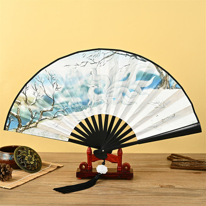 Buddha Stones Vintage Phoenix Nine Tailed Fox Flower Bamboo Tiger Handheld Folding Fan Lotus Tassel Fan - Nine-Tailed Fox - image 6